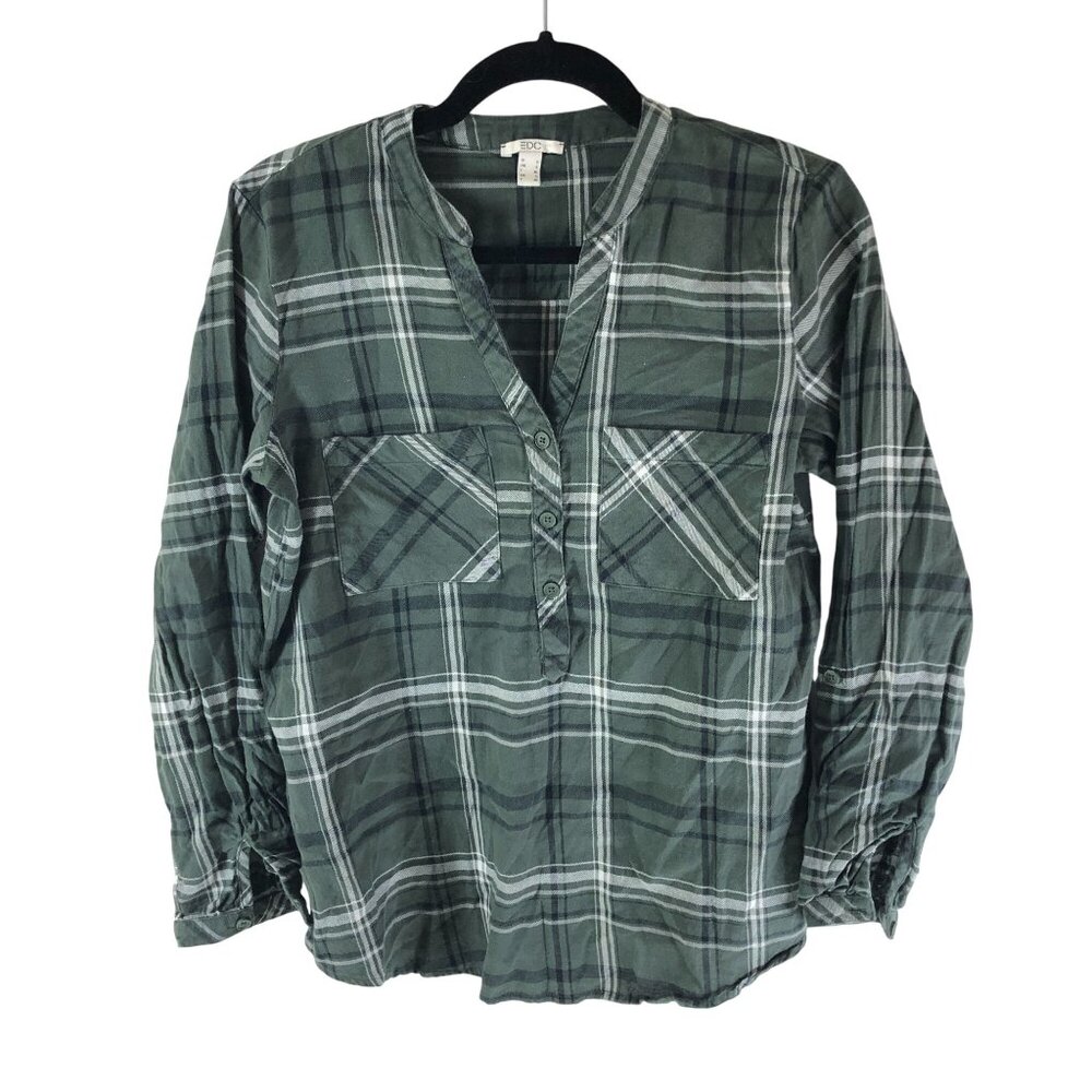 EDC Womens Popover Flannel Shirt Organic Cotton Plaid Green S